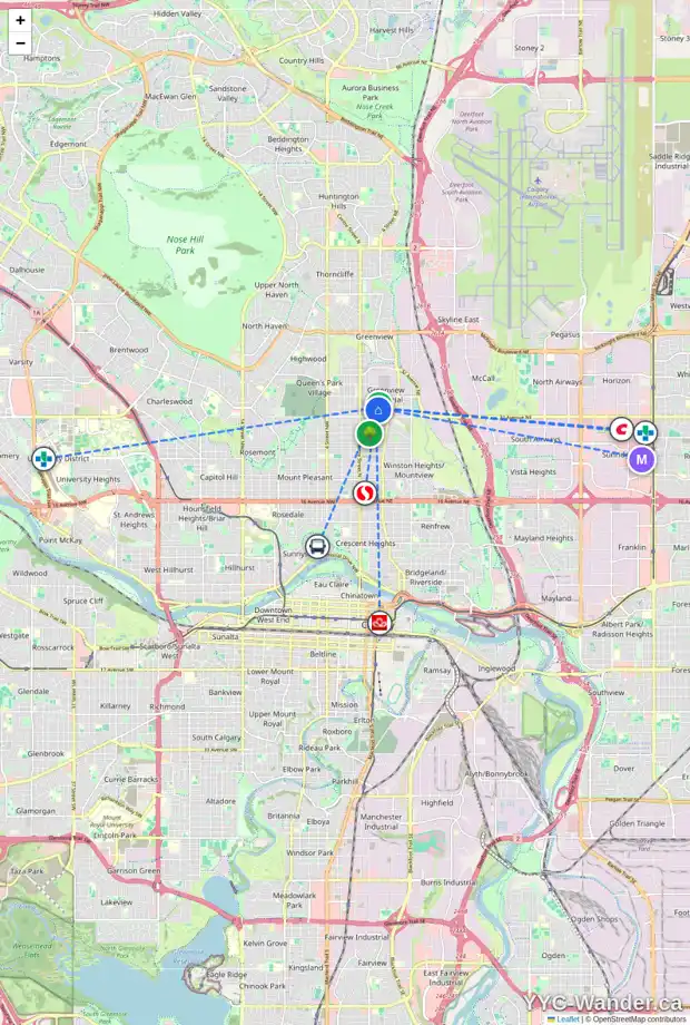 Daily accessibility map for 235 34 AV NE, Calgary showing nearby schools, grocery stores, parks, LRT stations and nearby amenities