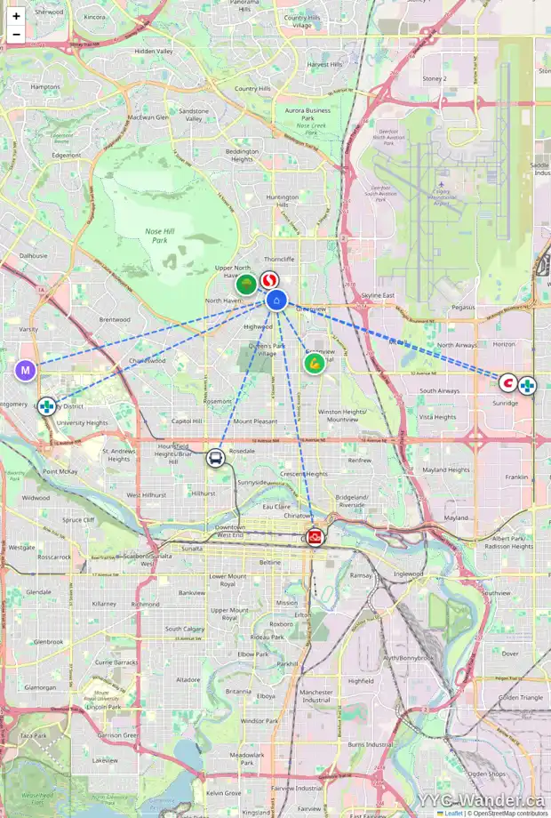Daily accessibility map for 448 THORNHILL PL NW, Calgary showing nearby schools, grocery stores, parks, LRT stations and nearby amenities