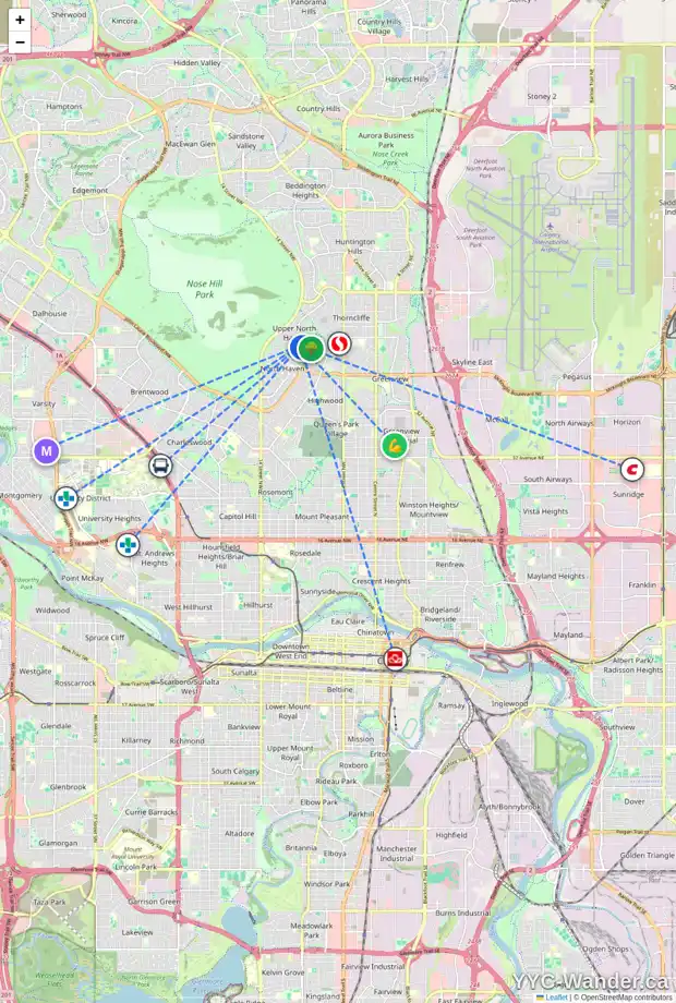 Daily accessibility map for 5152 NESBITT RD NW, Calgary showing nearby schools, grocery stores, parks, LRT stations and nearby amenities