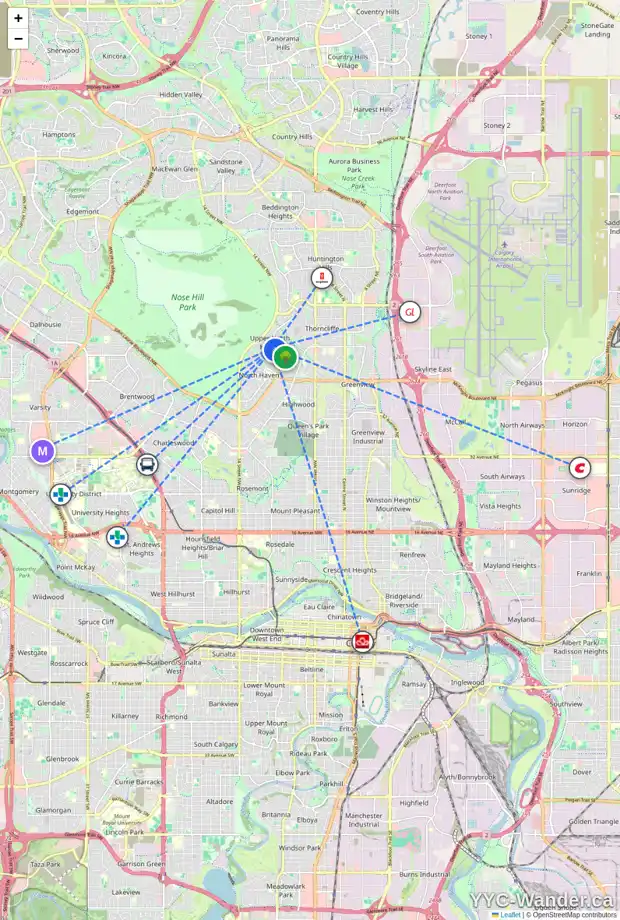 Daily accessibility map for 5216 NORTH HAVEN DR NW, Calgary showing nearby schools, grocery stores, parks, LRT stations and nearby amenities