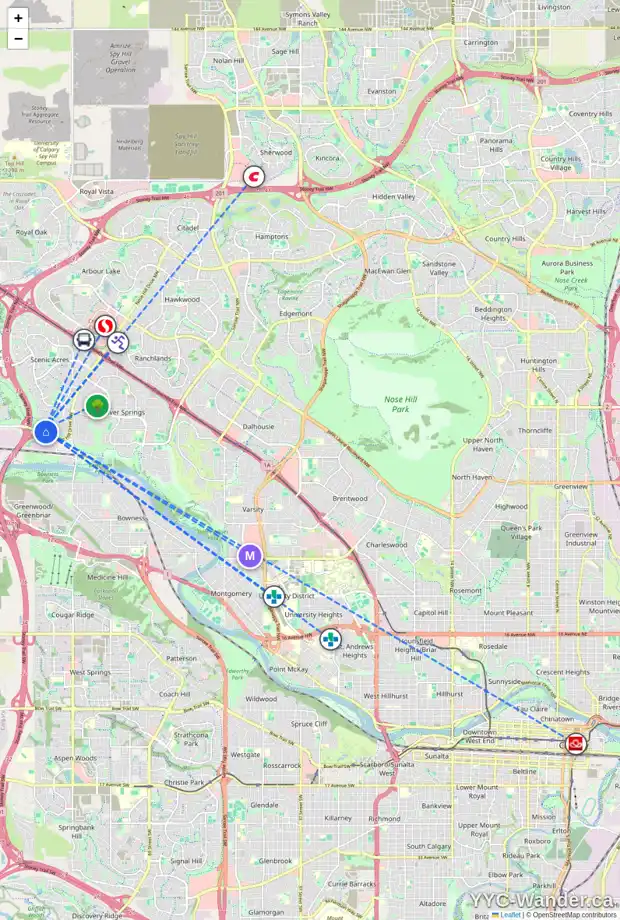 Daily accessibility map for 82 SCIMITAR VW NW, Calgary showing nearby schools, grocery stores, parks, LRT stations and nearby amenities