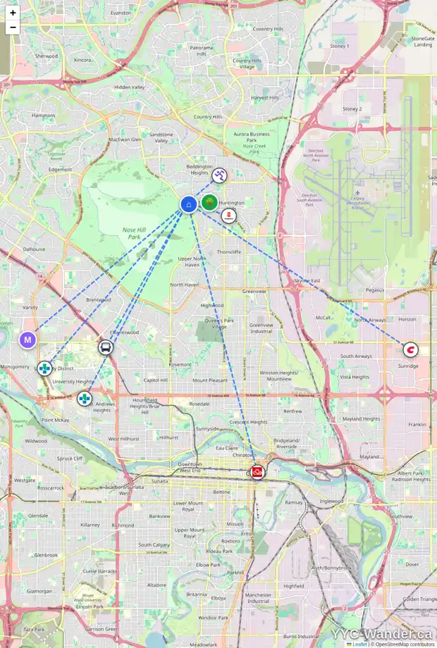 Daily accessibility map for 7644 HUNTERBURN HL NW, Calgary showing nearby schools, grocery stores, parks, LRT stations and nearby amenities