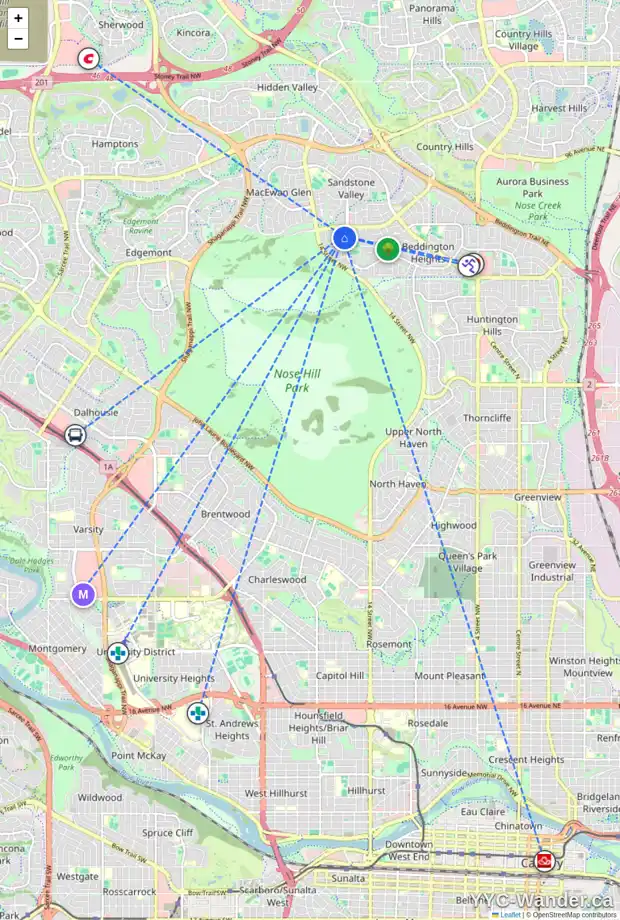 Daily accessibility map for 104 BEACONSFIELD RD NW, Calgary showing nearby schools, grocery stores, parks, LRT stations and nearby amenities
