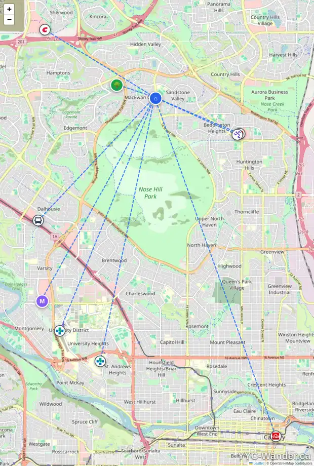 Daily accessibility map for 132 MACEWAN PARK RD NW, Calgary showing nearby schools, grocery stores, parks, LRT stations and nearby amenities
