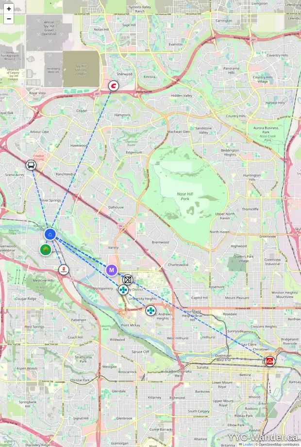 Daily accessibility map for 55 BOW VILLAGE CR NW, Calgary showing nearby schools, grocery stores, parks, LRT stations and nearby amenities