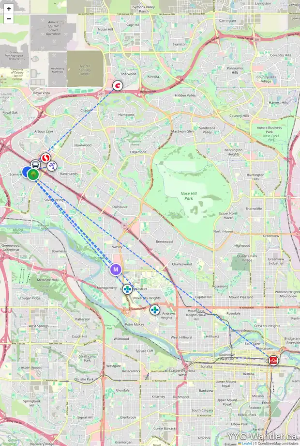 Daily accessibility map for 244 SCURFIELD PL NW, Calgary showing nearby schools, grocery stores, parks, LRT stations and nearby amenities
