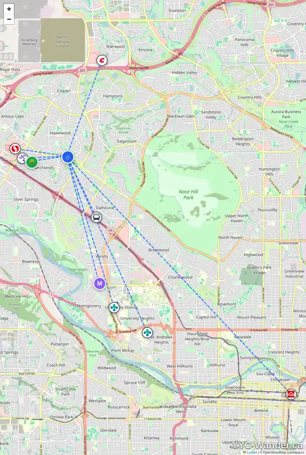 Daily accessibility map for 155 RANCH ESTATES RD NW, Calgary showing nearby schools, grocery stores, parks, LRT stations and nearby amenities