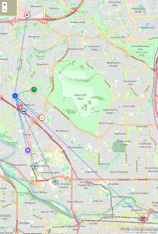 Daily accessibility map for 5631 DALRYMPLE HL NW, Calgary showing nearby schools, grocery stores, parks, LRT stations and nearby amenities