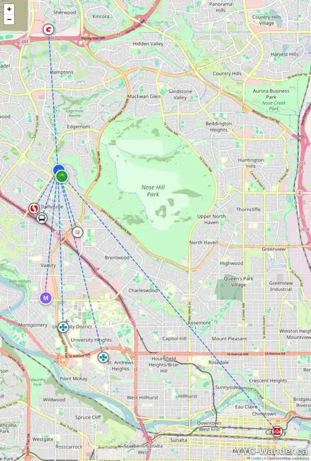 Daily accessibility map for 7075 EDGEMONT DR NW, Calgary showing nearby schools, grocery stores, parks, LRT stations and nearby amenities