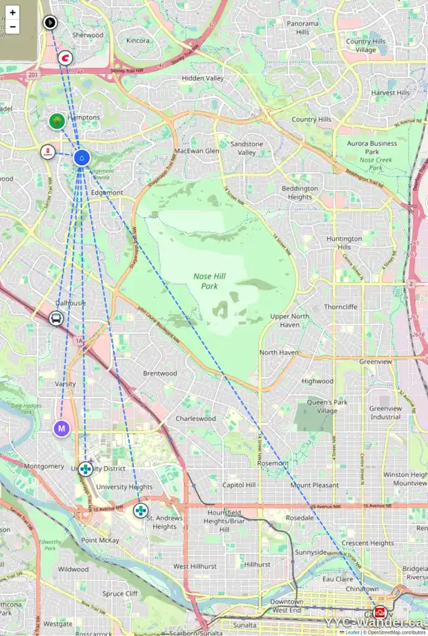 Daily accessibility map for 59 EDGERIDGE CO NW, Calgary showing nearby schools, grocery stores, parks, LRT stations and nearby amenities