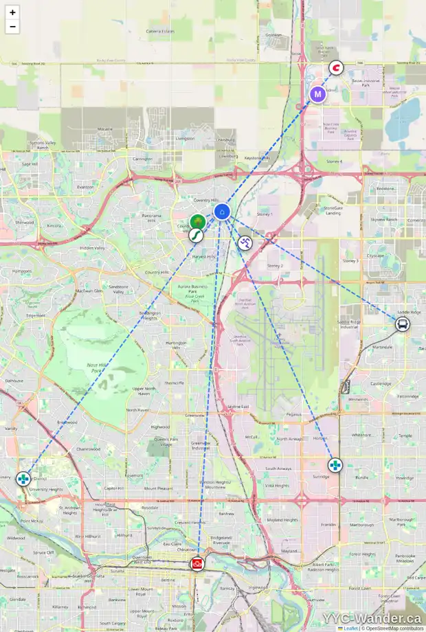Daily accessibility map for 67 COVETTE GR NE, Calgary showing nearby schools, grocery stores, parks, LRT stations and nearby amenities