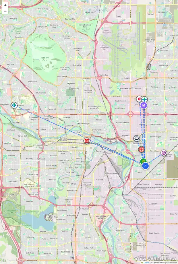 Daily accessibility map for 3443 30A AV SE, Calgary showing nearby schools, grocery stores, parks, LRT stations and nearby amenities