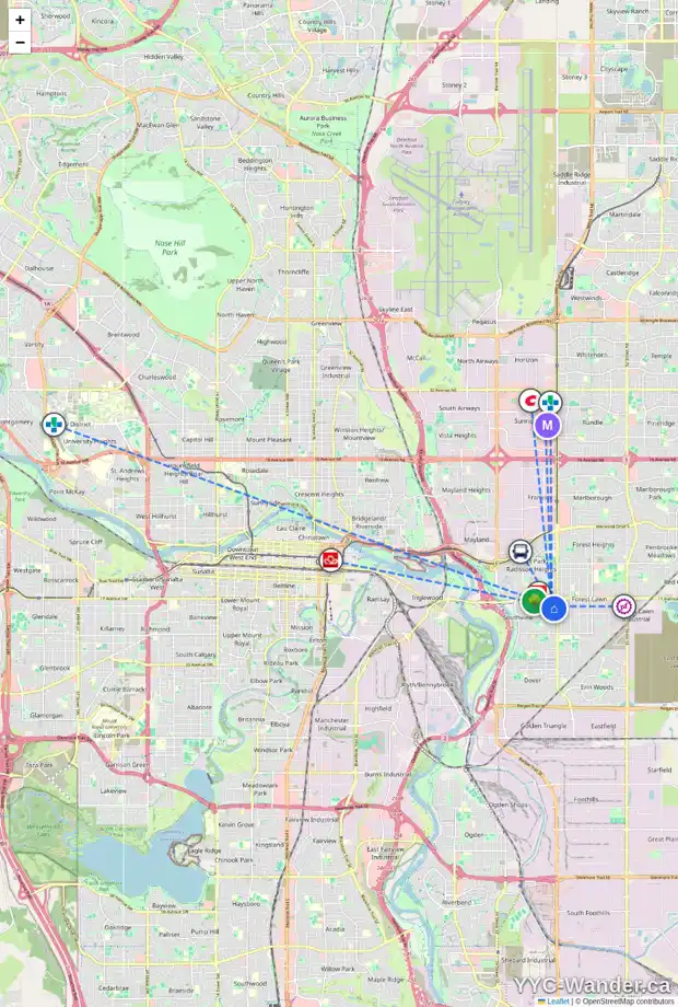 Daily accessibility map for 1839 35 ST SE, Calgary showing nearby schools, grocery stores, parks, LRT stations and nearby amenities