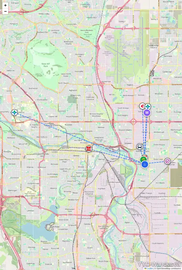 Daily accessibility map for 2018 COTTONWOOD CR SE, Calgary showing nearby schools, grocery stores, parks, LRT stations and nearby amenities