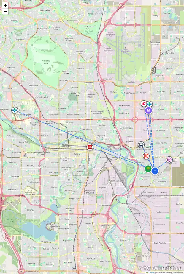 Daily accessibility map for 27 DOVERDALE ME SE, Calgary showing nearby schools, grocery stores, parks, LRT stations and nearby amenities