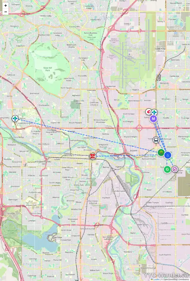 Daily accessibility map for 4522 7 AV SE, Calgary showing nearby schools, grocery stores, parks, LRT stations and nearby amenities