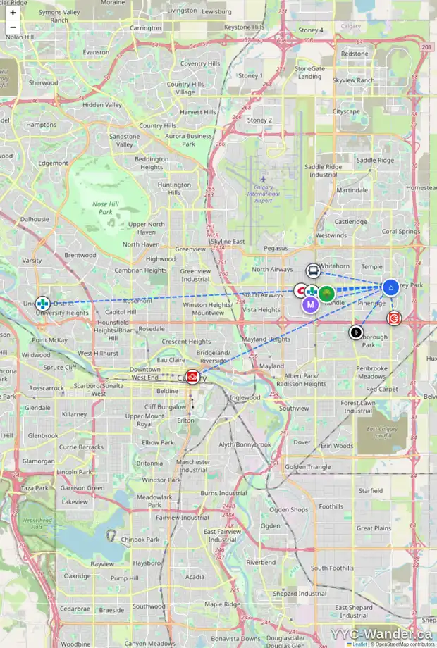 Daily accessibility map for 1035 PINECLIFF DR NE, Calgary showing nearby schools, grocery stores, parks, LRT stations and nearby amenities