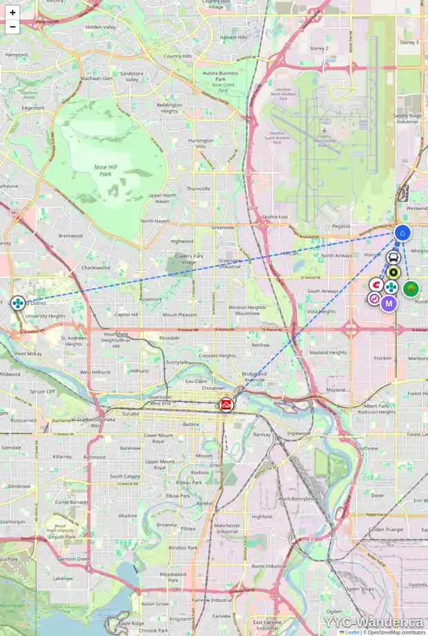 Daily accessibility map for 48 WHITEHAVEN RD NE, Calgary showing nearby schools, grocery stores, parks, LRT stations and nearby amenities