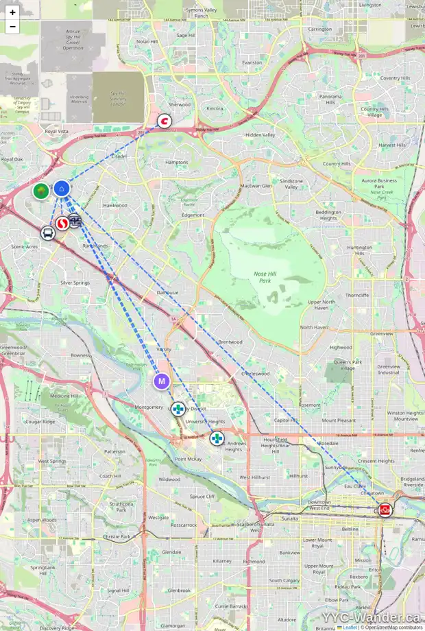 Daily accessibility map for 26 ARBOUR CREST RD NW, Calgary showing nearby schools, grocery stores, parks, LRT stations and nearby amenities