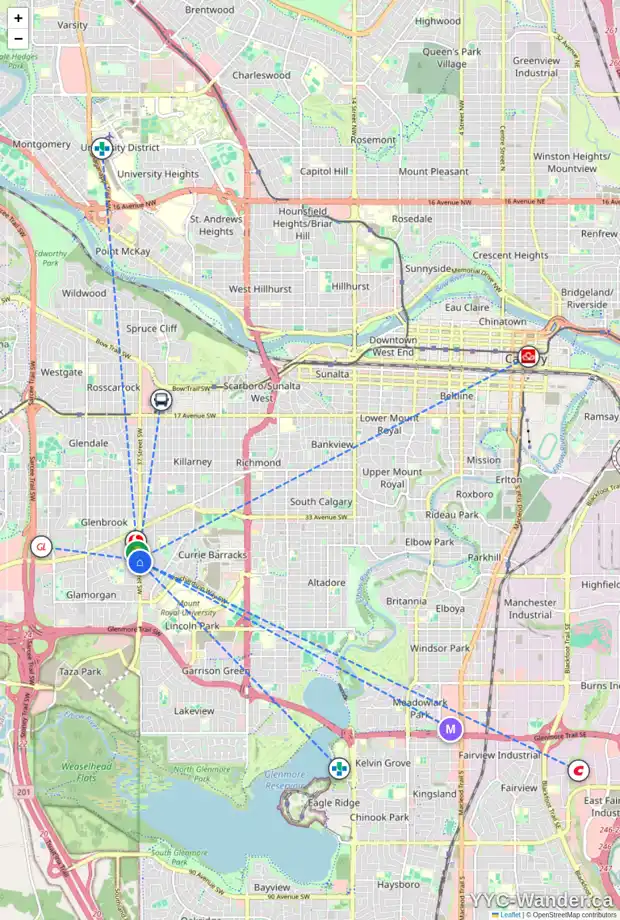 Daily accessibility map for 4111 37 ST SW, Calgary showing nearby schools, grocery stores, parks, LRT stations and nearby amenities