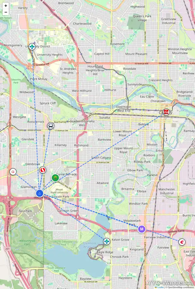 Daily accessibility map for 36 GLACIER DR SW, Calgary showing nearby schools, grocery stores, parks, LRT stations and nearby amenities