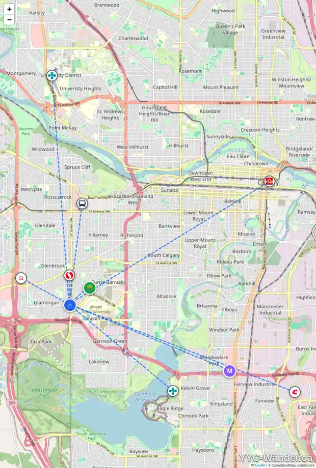 Daily accessibility map for 10 GREENWOOD CR SW, Calgary showing nearby schools, grocery stores, parks, LRT stations and nearby amenities