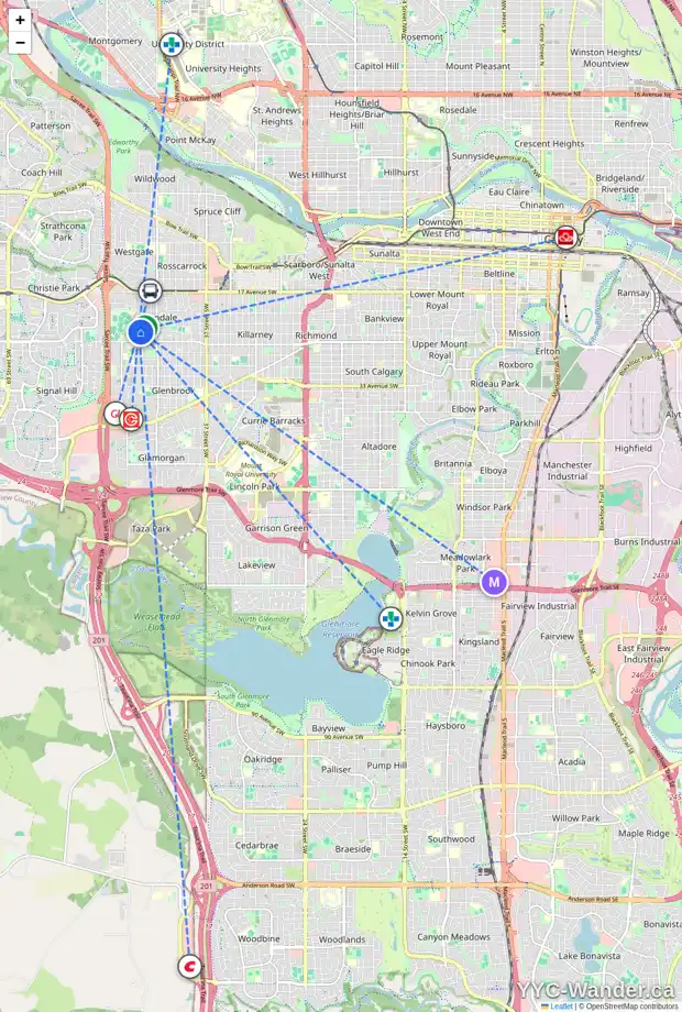 Daily accessibility map for 90 GLADYS RIDGE RD SW, Calgary showing nearby schools, grocery stores, parks, LRT stations and nearby amenities