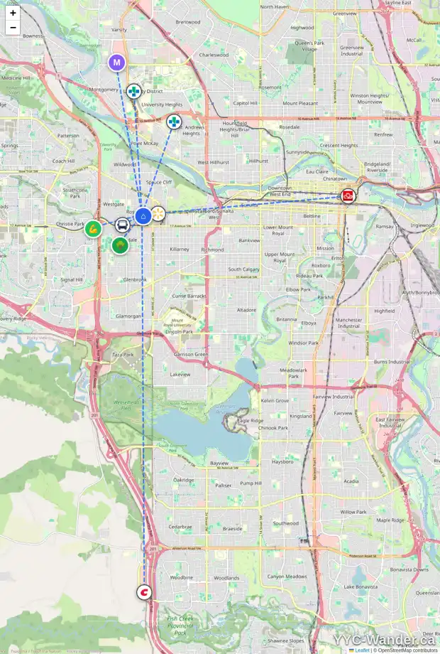 Daily accessibility map for 1419 40 ST SW, Calgary showing nearby schools, grocery stores, parks, LRT stations and nearby amenities