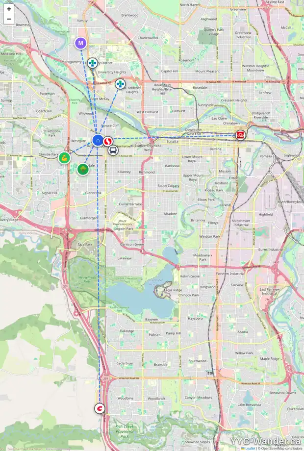 Daily accessibility map for 920 41 ST SW, Calgary showing nearby schools, grocery stores, parks, LRT stations and nearby amenities