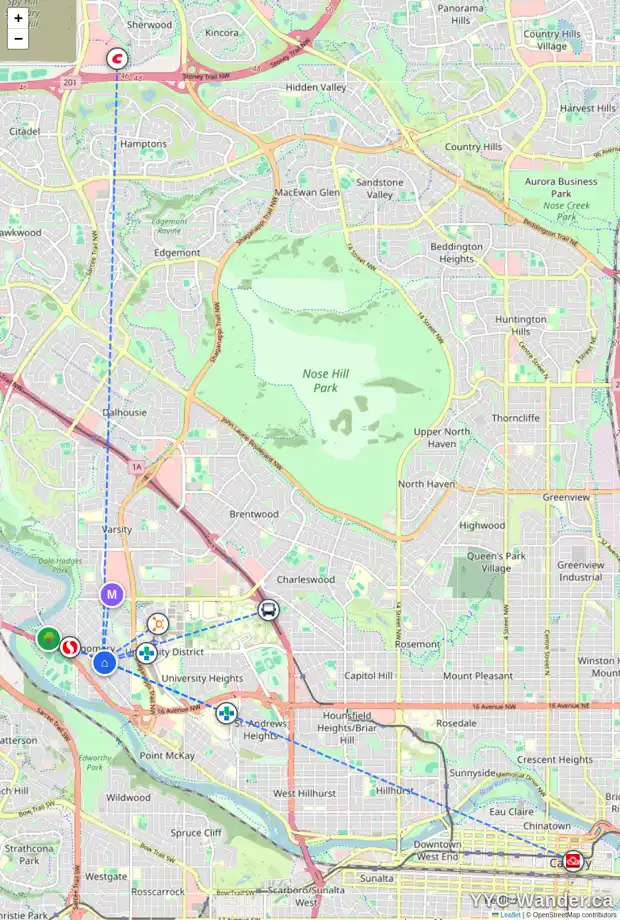 Daily accessibility map for 4638 19 AV NW, Calgary showing nearby schools, grocery stores, parks, LRT stations and nearby amenities
