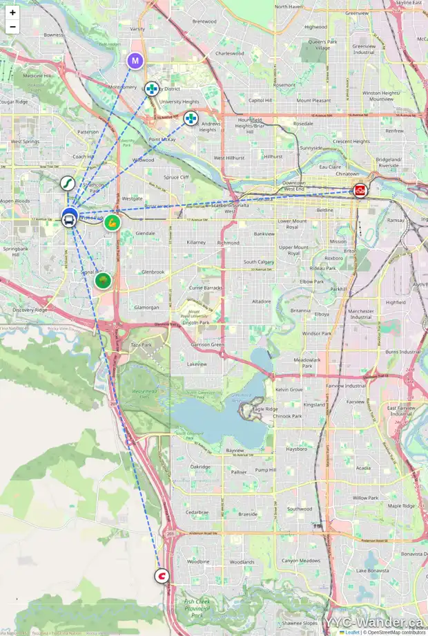 Daily accessibility map for 6980 CHRISTIE BRIAR MR SW, Calgary showing nearby schools, grocery stores, parks, LRT stations and nearby amenities