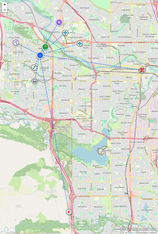 Daily accessibility map for 303 COACH SIDE RD SW, Calgary showing nearby schools, grocery stores, parks, LRT stations and nearby amenities