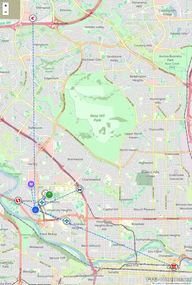 Daily accessibility map for 4428 20 AV NW, Calgary showing nearby schools, grocery stores, parks, LRT stations and nearby amenities
