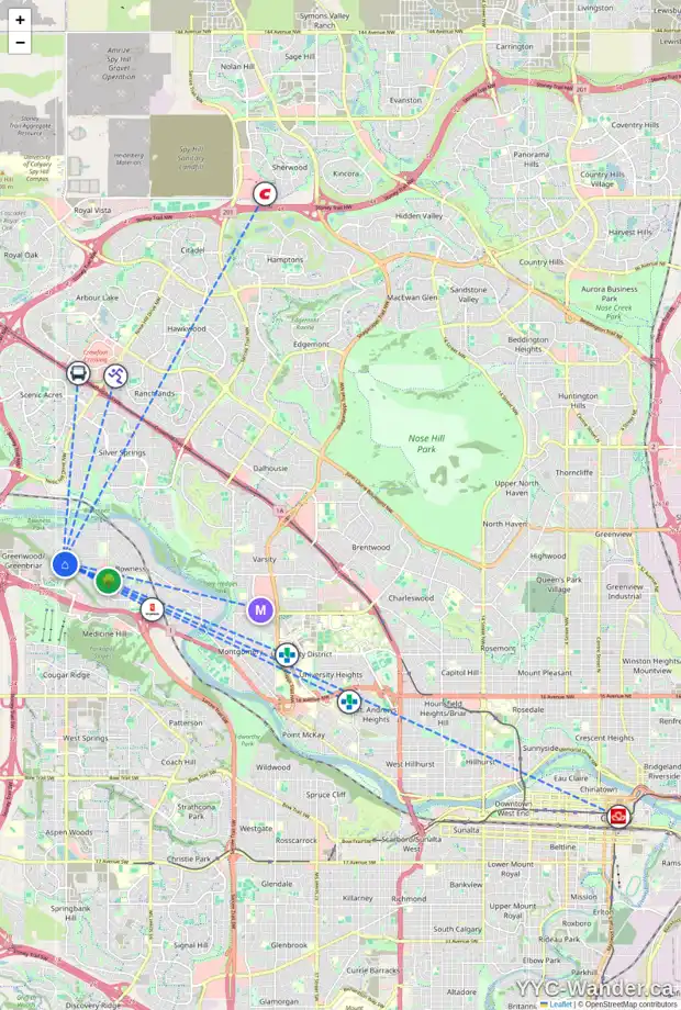 Daily accessibility map for 8552 33 AV NW, Calgary showing nearby schools, grocery stores, parks, LRT stations and nearby amenities
