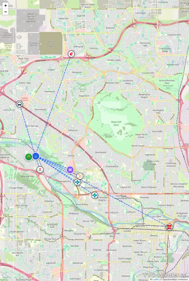 Daily accessibility map for 4344 70 ST NW, Calgary showing nearby schools, grocery stores, parks, LRT stations and nearby amenities