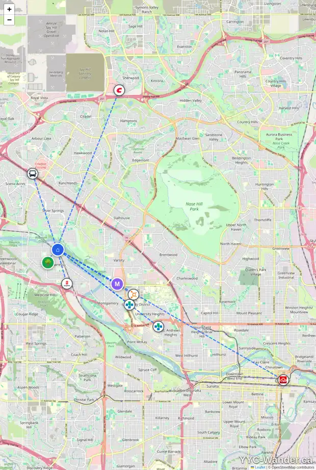 Daily accessibility map for 7227 BOW CR NW, Calgary showing nearby schools, grocery stores, parks, LRT stations and nearby amenities