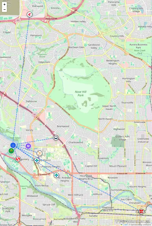 Daily accessibility map for 6007 BOWWATER CR NW, Calgary showing nearby schools, grocery stores, parks, LRT stations and nearby amenities
