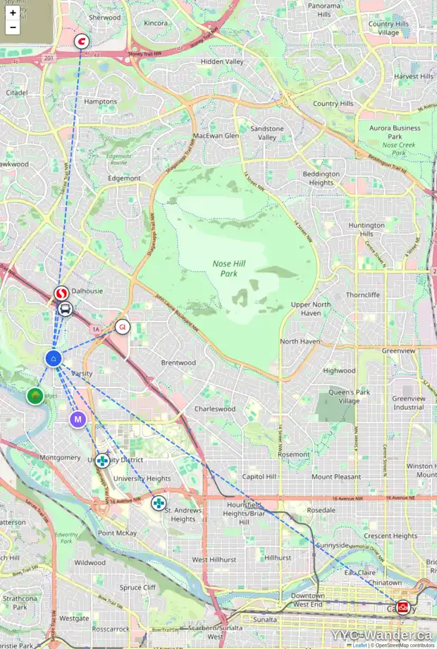 Daily accessibility map for 112 VARSITY GREEN BA NW, Calgary showing nearby schools, grocery stores, parks, LRT stations and nearby amenities