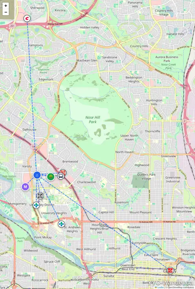 Daily accessibility map for 26 VARSHAVEN PL NW, Calgary showing nearby schools, grocery stores, parks, LRT stations and nearby amenities