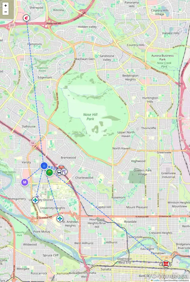 Daily accessibility map for 3839 VARSITY DR NW, Calgary showing nearby schools, grocery stores, parks, LRT stations and nearby amenities