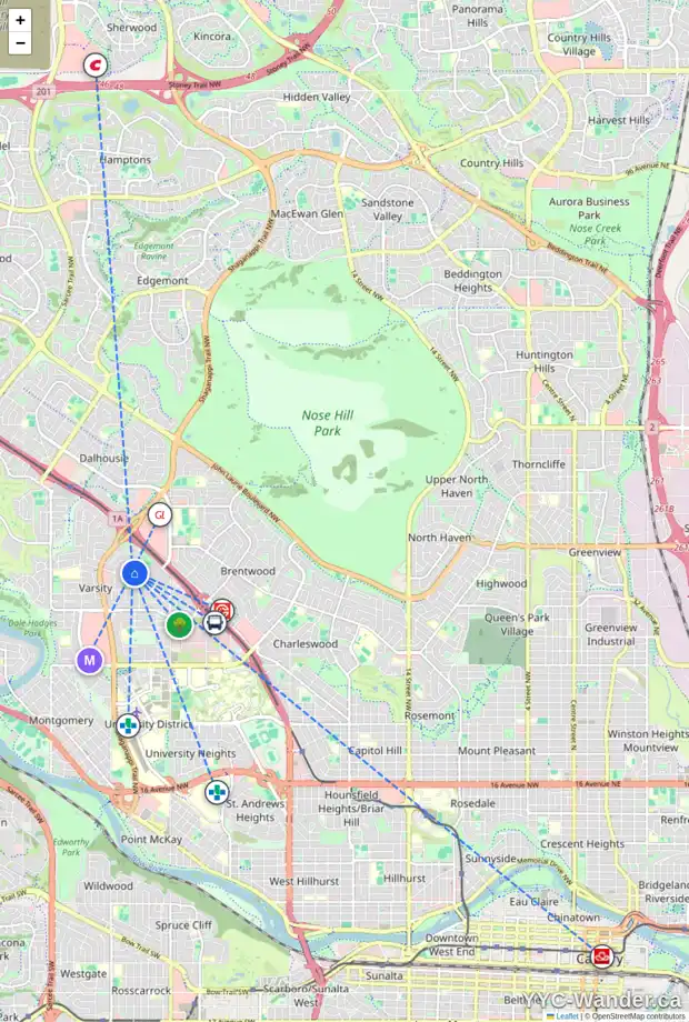 Daily accessibility map for 4520 41 ST NW, Calgary showing nearby schools, grocery stores, parks, LRT stations and nearby amenities