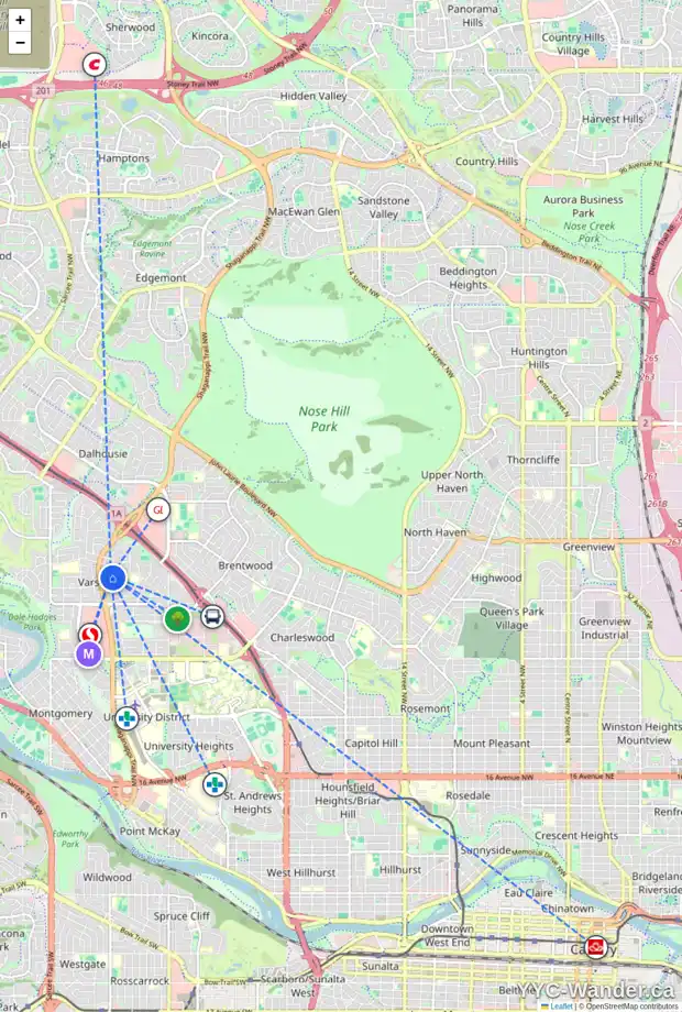 Daily accessibility map for 506 4555 VARSITY LN NW, Calgary showing nearby schools, grocery stores, parks, LRT stations and nearby amenities