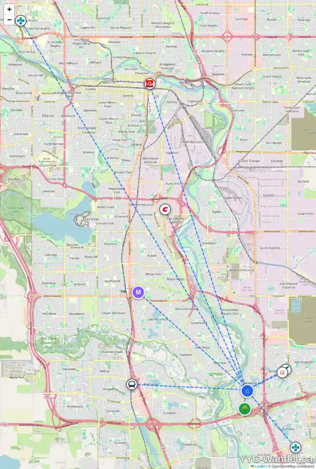 Daily accessibility map for 114 MT ROBSON CL SE, Calgary showing nearby schools, grocery stores, parks, LRT stations and nearby amenities