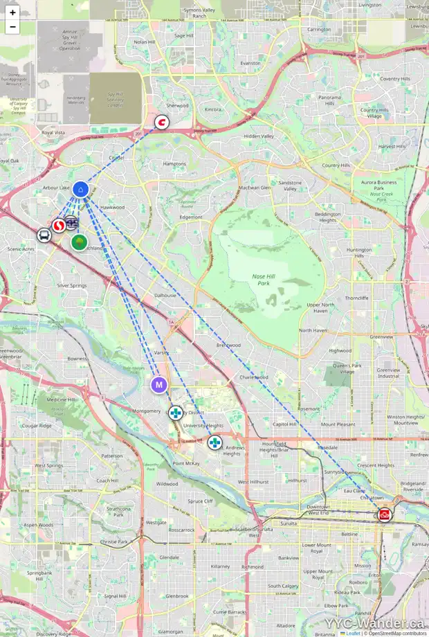Daily accessibility map for 232 ARBOUR GLEN CL NW, Calgary showing nearby schools, grocery stores, parks, LRT stations and nearby amenities