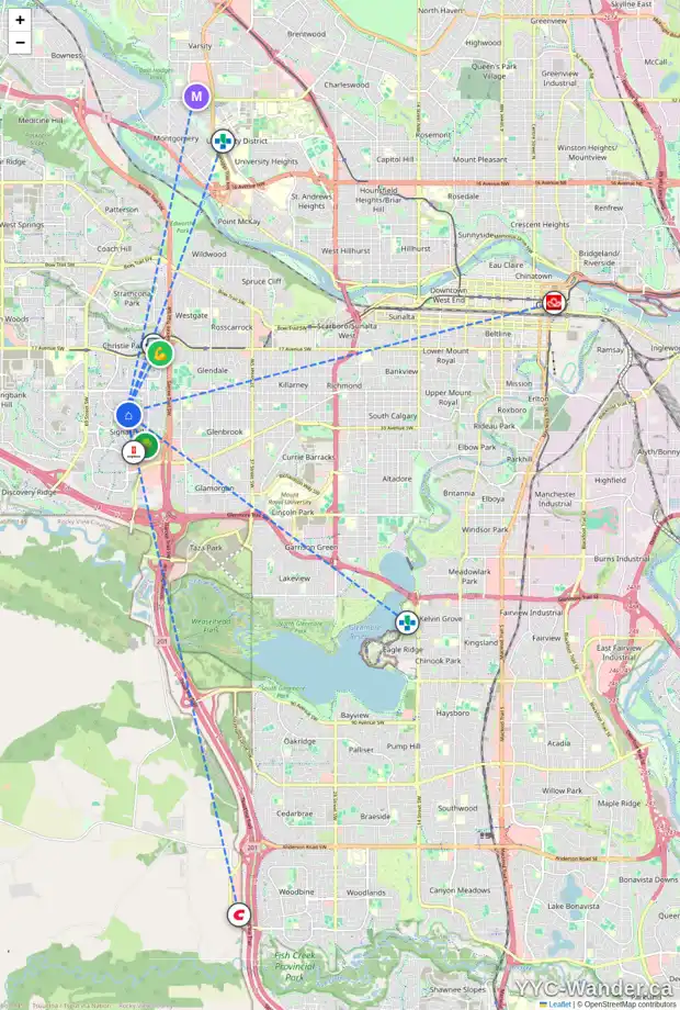 Daily accessibility map for 44 SIENNA HILLS VW SW, Calgary showing nearby schools, grocery stores, parks, LRT stations and nearby amenities