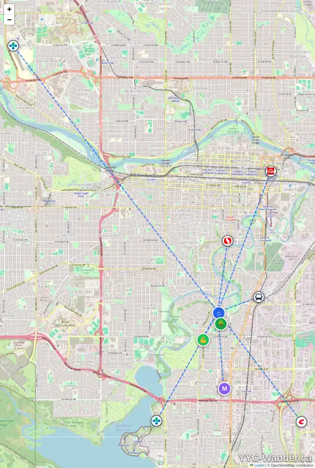 Daily accessibility map for 604 BRITANNIA DR SW, Calgary showing nearby schools, grocery stores, parks, LRT stations and nearby amenities