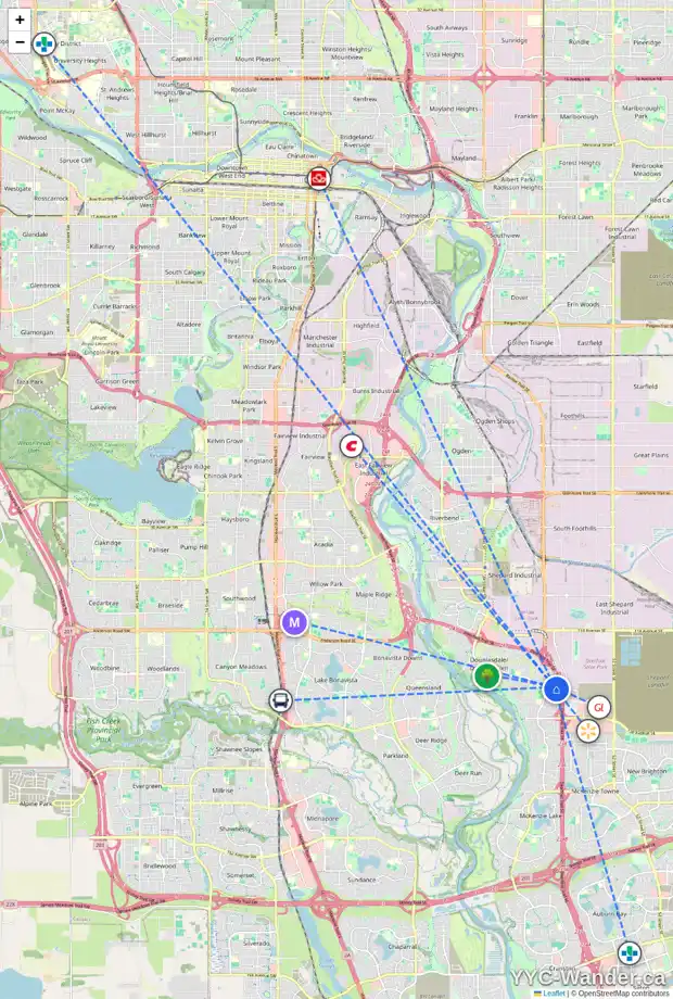 Daily accessibility map for 128 DOUGLAS RIDGE GR SE, Calgary showing nearby schools, grocery stores, parks, LRT stations and nearby amenities