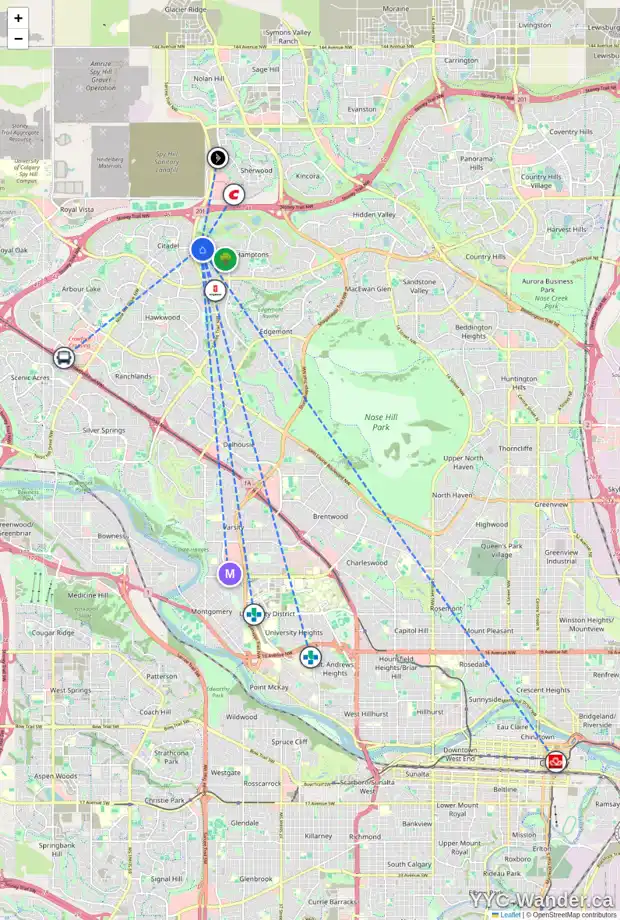 Daily accessibility map for 32 CITADEL GR NW, Calgary showing nearby schools, grocery stores, parks, LRT stations and nearby amenities