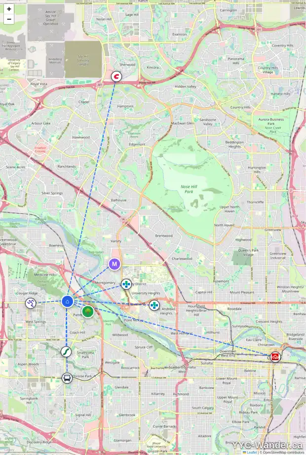 Daily accessibility map for 301 PATTERSON BV SW, Calgary showing nearby schools, grocery stores, parks, LRT stations and nearby amenities