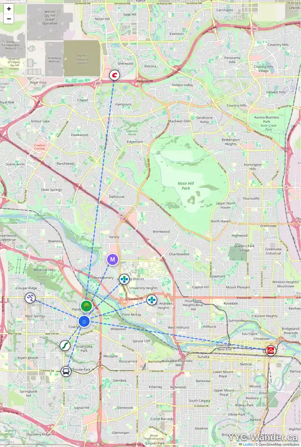 Daily accessibility map for 119 PROMINENCE HT SW, Calgary showing nearby schools, grocery stores, parks, LRT stations and nearby amenities